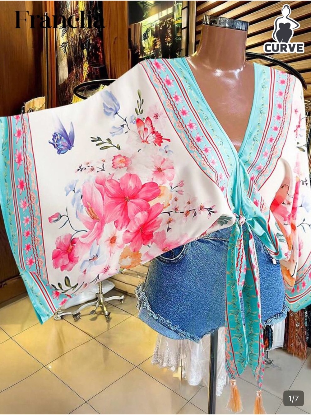 SHEIN, Ladies, White Floral Tie-Front Kimono Blouse with Turquoise Trim XL NEW - Picture 7 of 9